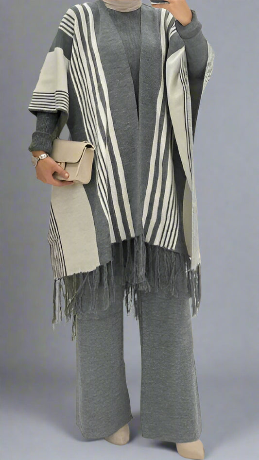 Chic Striped Three-Piece Set – Cozy Knit Top, Vest &amp; Wide-Leg Pants (Gray)