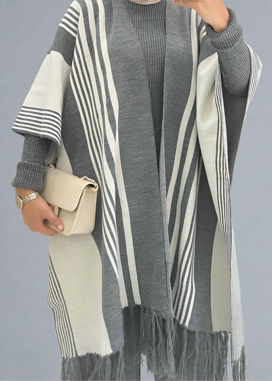 Chic Striped Three-Piece Set – Cozy Knit Top, Vest &amp; Wide-Leg Pants (Gray)
