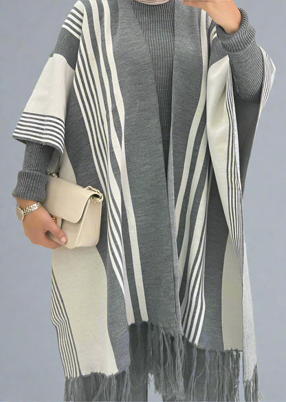 Chic Striped Three-Piece Set – Cozy Knit Top, Vest &amp; Wide-Leg Pants (Gray)