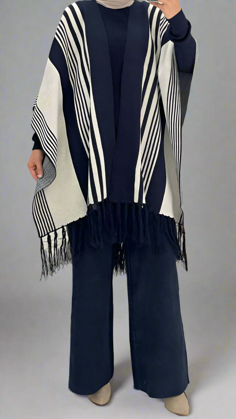 Chic Striped Three-Piece Set – Cozy Knit Top, Vest &amp; Wide-Leg Pants (Blue)