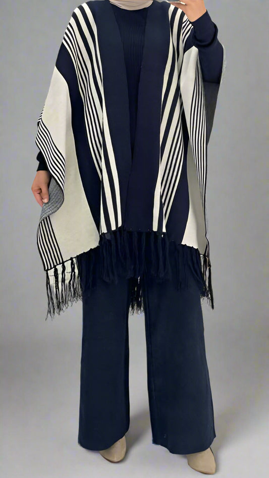 Chic Striped Three-Piece Set – Cozy Knit Top, Vest &amp; Wide-Leg Pants (Blue)