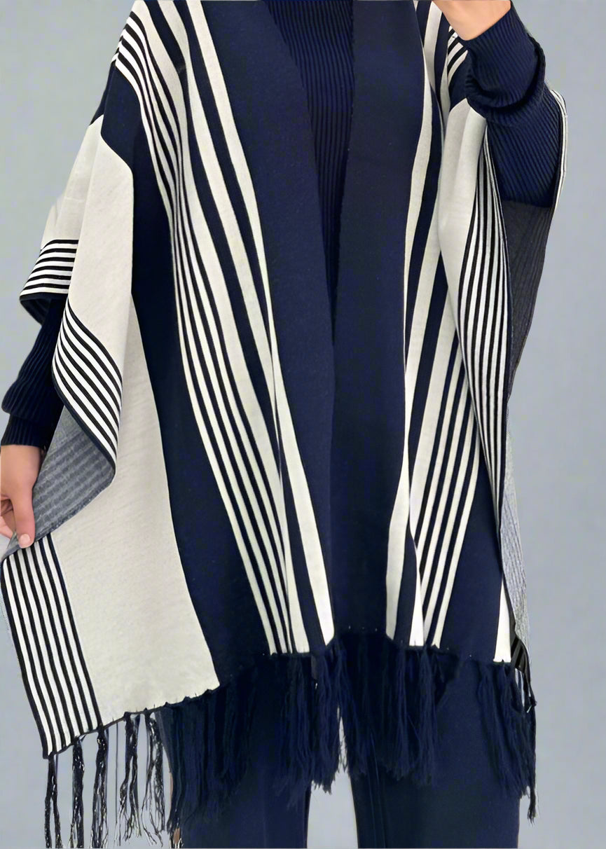 Chic Striped Three-Piece Set – Cozy Knit Top, Vest &amp; Wide-Leg Pants (Blue)
