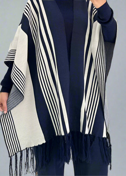 Chic Striped Three-Piece Set – Cozy Knit Top, Vest &amp; Wide-Leg Pants (Blue)