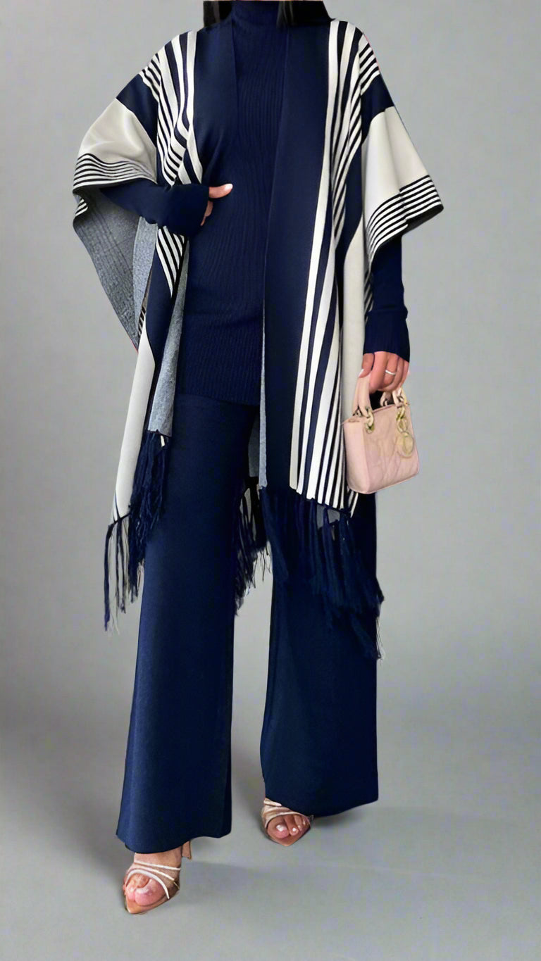 Chic Striped Three-Piece Set – Cozy Knit Top, Vest &amp; Wide-Leg Pants (Blue)