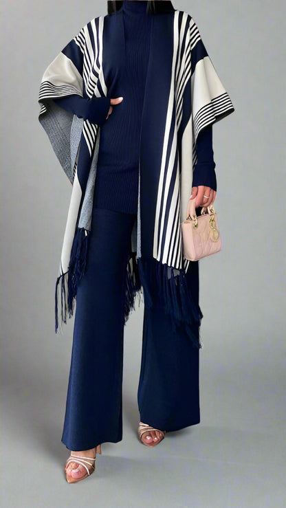 Chic Striped Three-Piece Set – Cozy Knit Top, Vest &amp; Wide-Leg Pants (Blue)