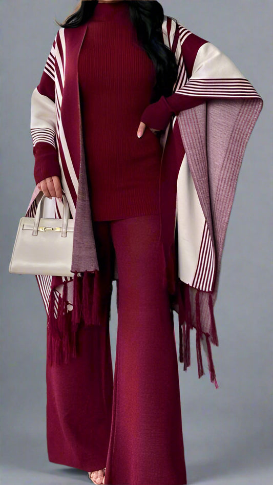 Chic Striped Three-Piece Set – Cozy Knit Top, Vest &amp; Wide-Leg Pants (Red)