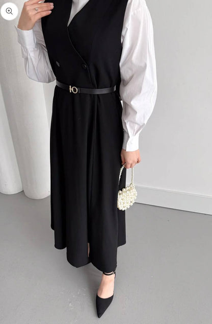 Double Fabric Sleeveless Maxi Dress with Belt