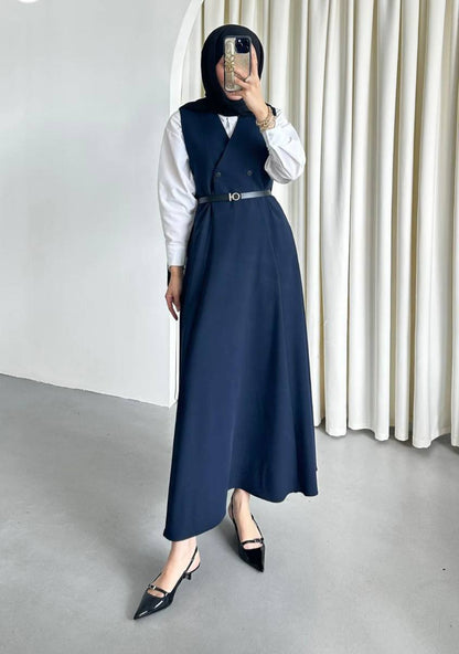 Double Fabric Sleeveless Maxi Dress with Belt