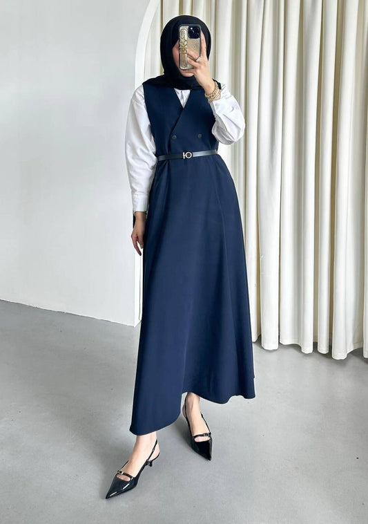Double Fabric Sleeveless Maxi Dress with Belt