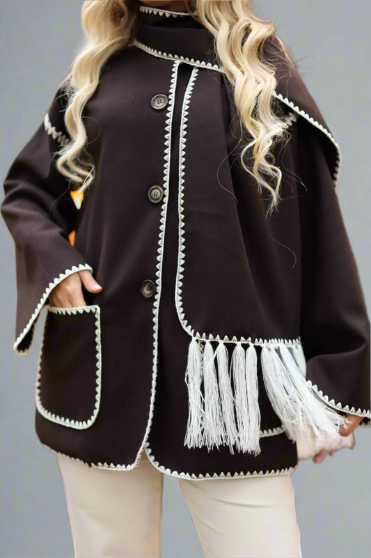 Modest Coat with Embroidered Trim &amp; Scarf-Black