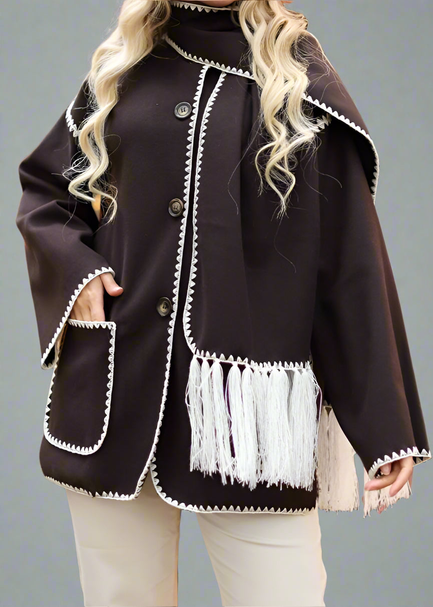 Modest Coat with Embroidered Trim &amp; Scarf-Black