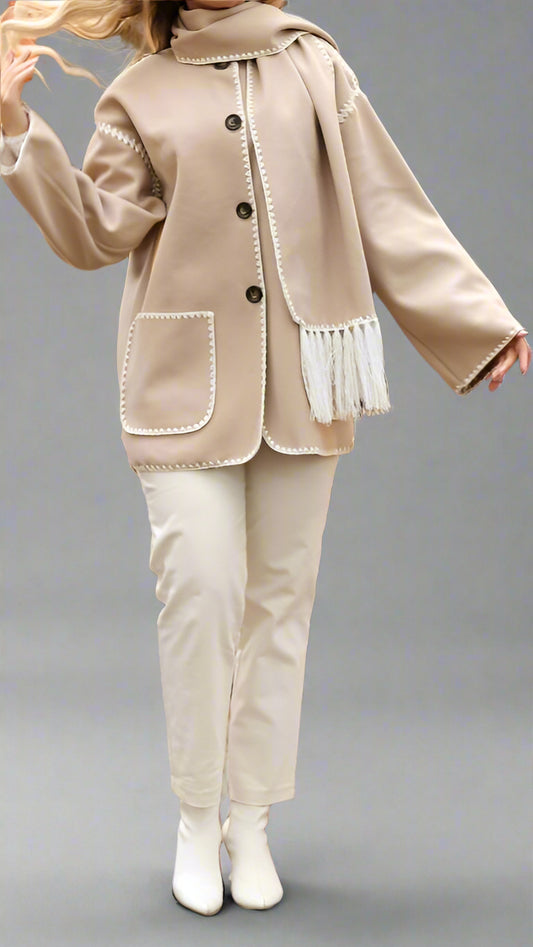 Modest Coat with Embroidered Trim &amp; Scarf-Beige