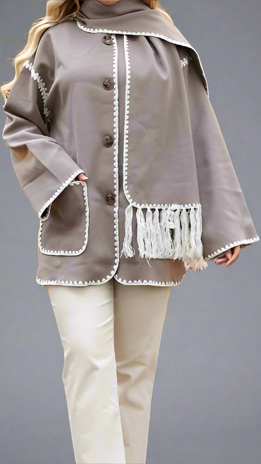 Modest Coat with Embroidered Trim &amp; Scarf-Gray