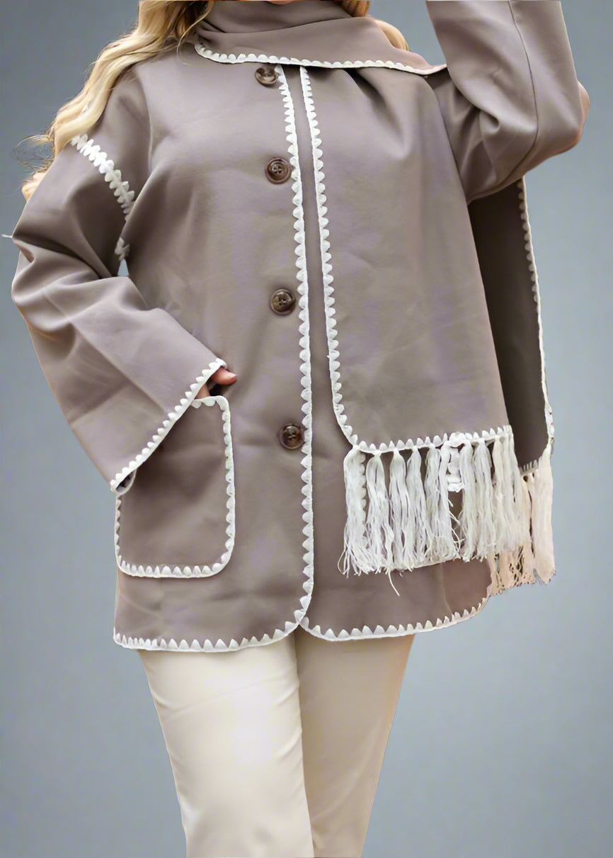 Modest Coat with Embroidered Trim &amp; Scarf-Gray