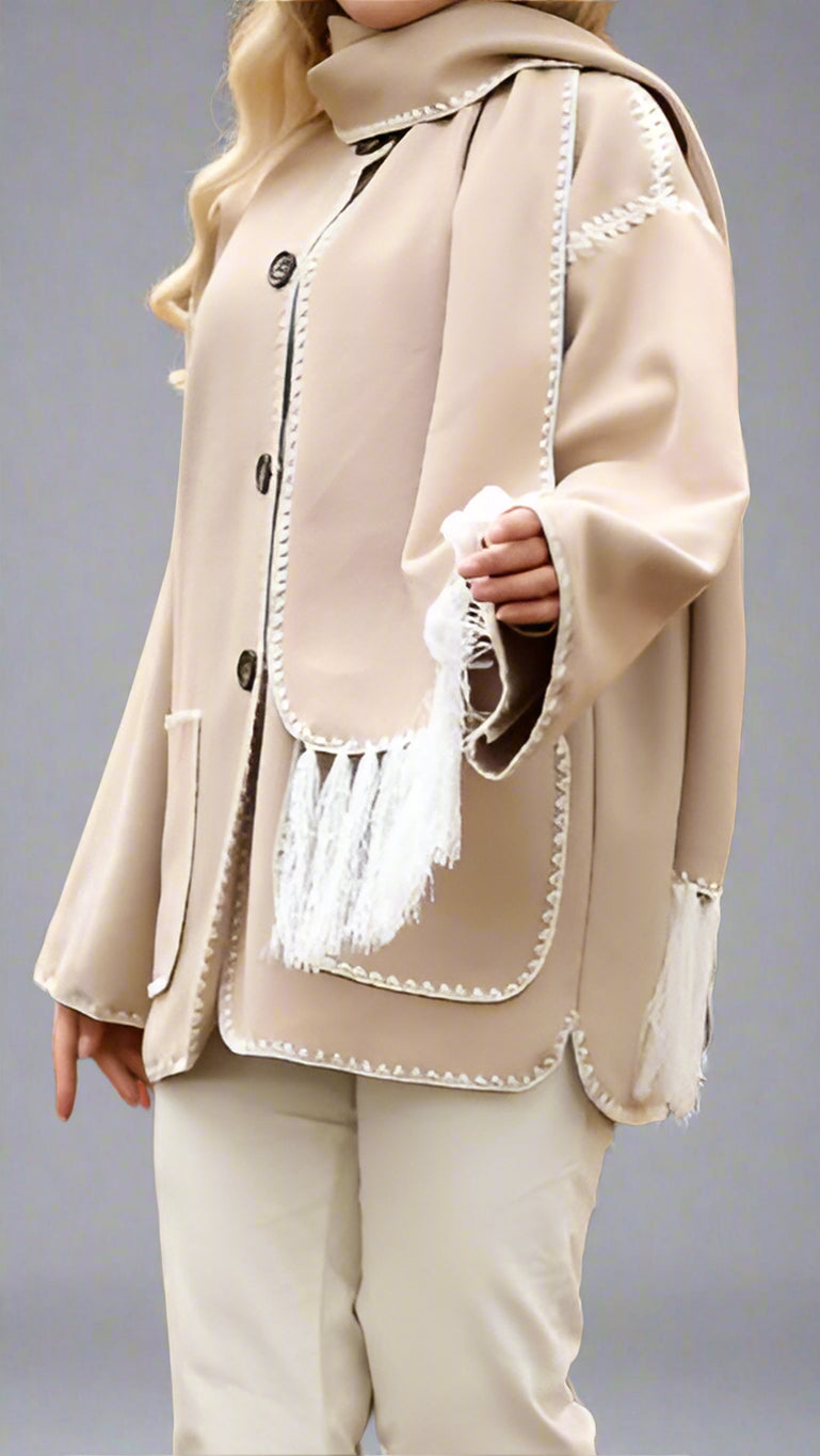 Modest Coat with Embroidered Trim &amp; Scarf-Beige