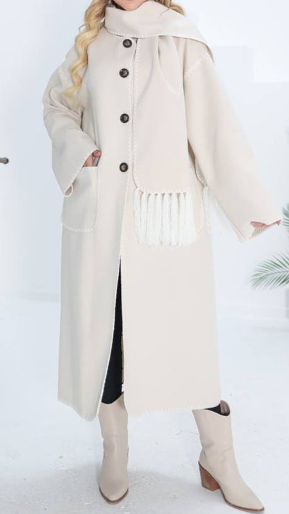 Winter Wool Coat with Embroidered Button-Down Detailing and Tassel Scarf- Off White