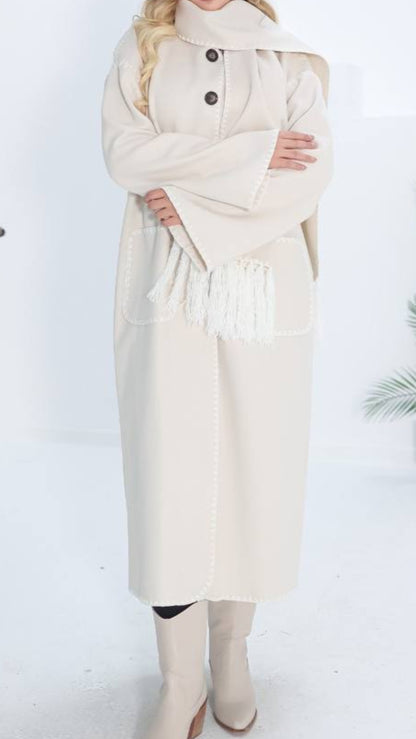 Winter Wool Coat with Embroidered Button-Down Detailing and Tassel Scarf- Off White