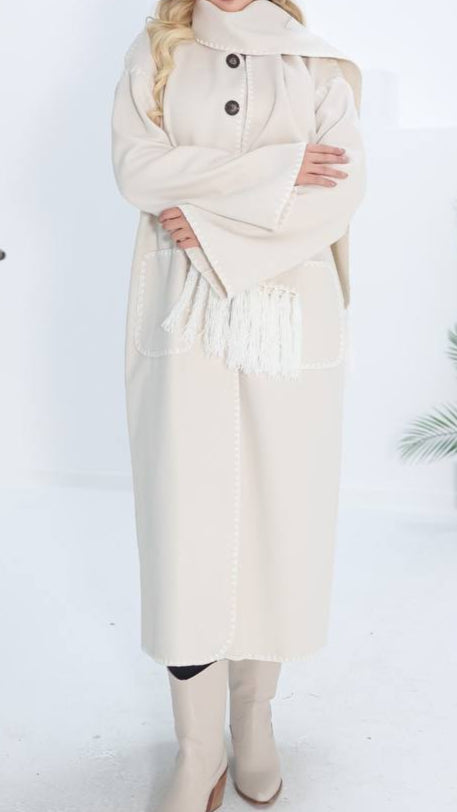 Winter Wool Coat with Embroidered Button-Down Detailing and Tassel Scarf- Off White