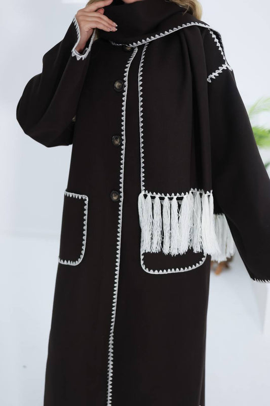 Winter Wool Coat with Embroidered Button-Down Detailing and Tassel Scarf Accent- Black