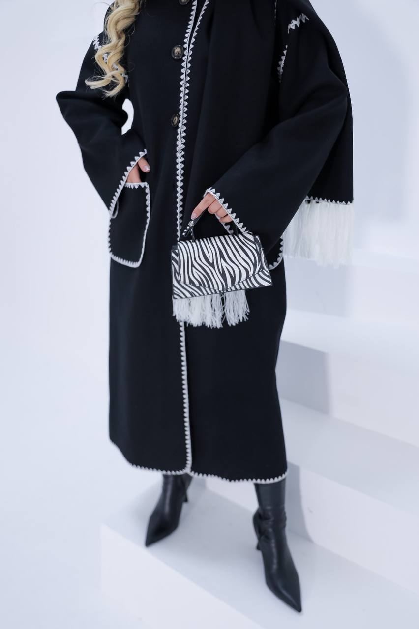 Winter Wool Coat with Embroidered Button-Down Detailing and Tassel Scarf Accent- Black