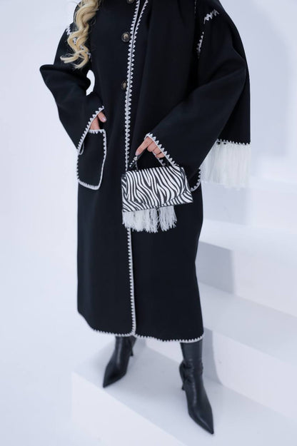 Winter Wool Coat with Embroidered Button-Down Detailing and Tassel Scarf Accent- Black