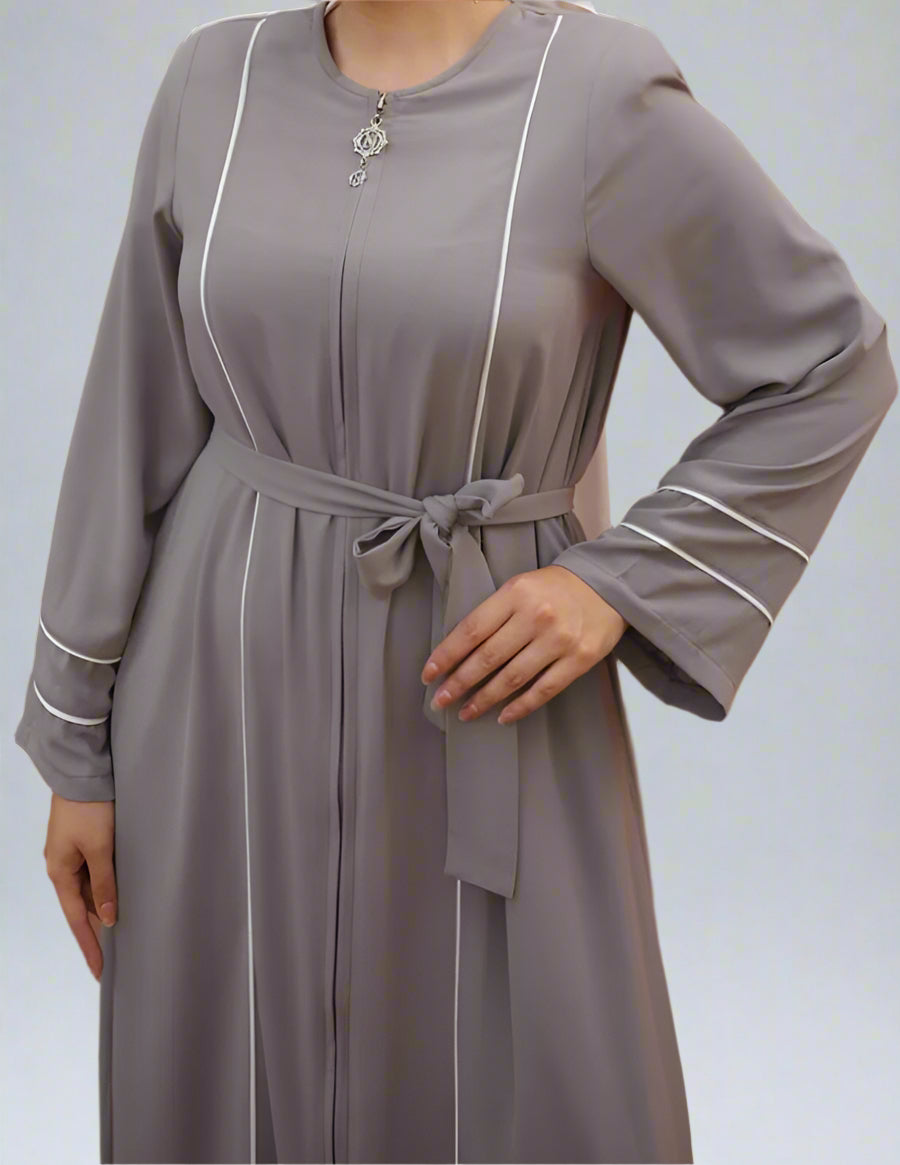 ABAYA WITH DOUBLE BINDING ON SLEEVE AND FRONT-Gray