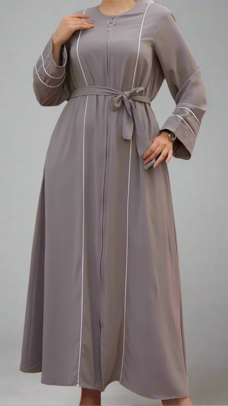 ABAYA WITH DOUBLE BINDING ON SLEEVE AND FRONT-Gray