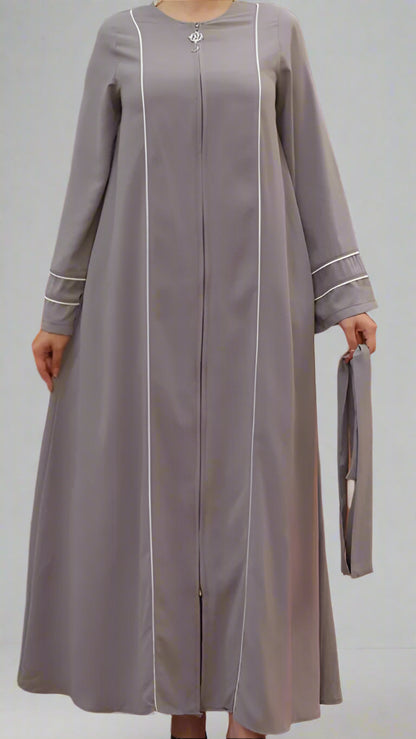 ABAYA WITH DOUBLE BINDING ON SLEEVE AND FRONT-Gray