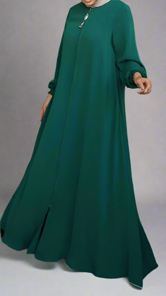 Long Dress/ Abaya with Elegant Zipper Accent- Green