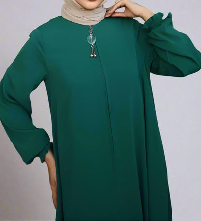 Long Dress/ Abaya with Elegant Zipper Accent- Green
