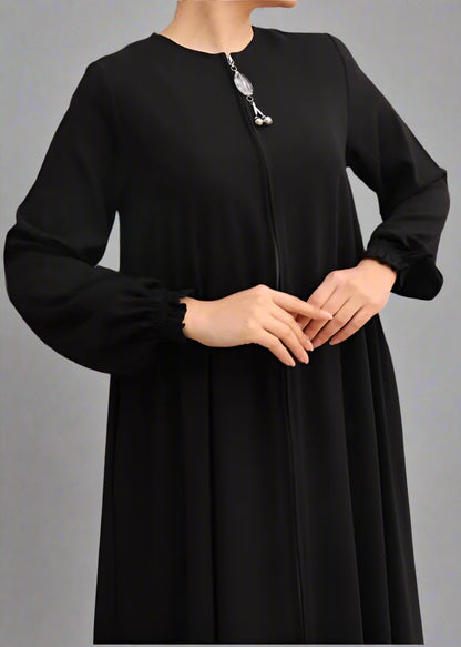 Long Dress/ Abaya with Elegant Zipper Accent Black