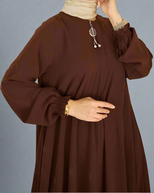 Long Dress/ Abaya with Elegant Zipper Accent- Brown