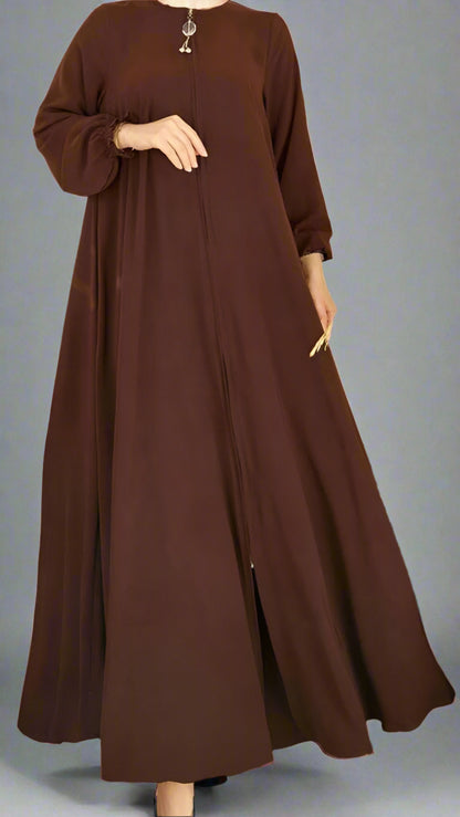 Long Dress/ Abaya with Elegant Zipper Accent- Brown