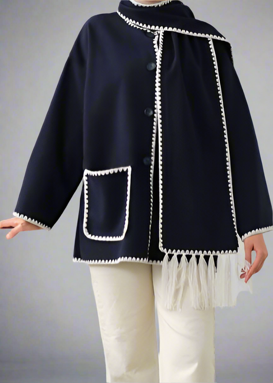 Modest Coat with Embroidered Trim &amp; Scarf-Navy Blue