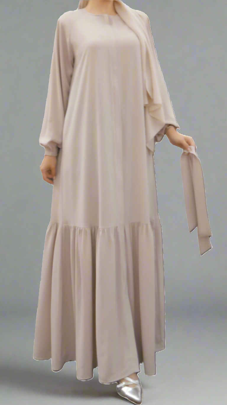 Maxi Dress/Abaya with Tie-Waist and Tiered Hem- Beige
