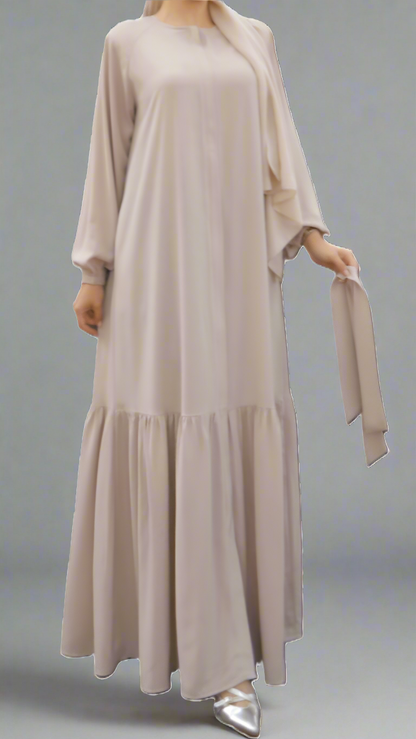 Maxi Dress/Abaya with Tie-Waist and Tiered Hem- Beige