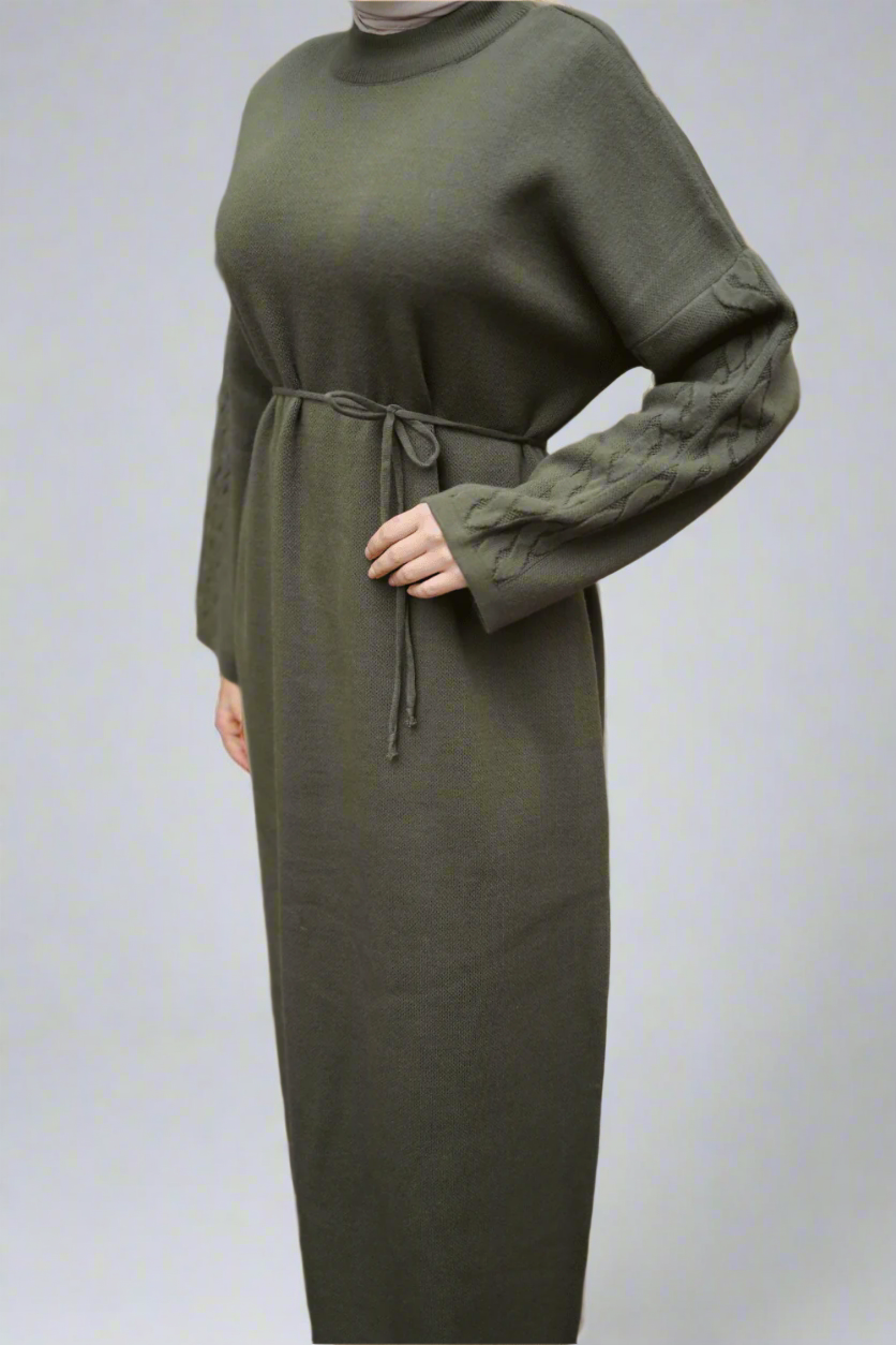 Knit Dress with Braided Sleeve Detail-Green