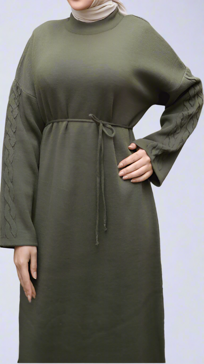 Knit Dress with Braided Sleeve Detail-Green