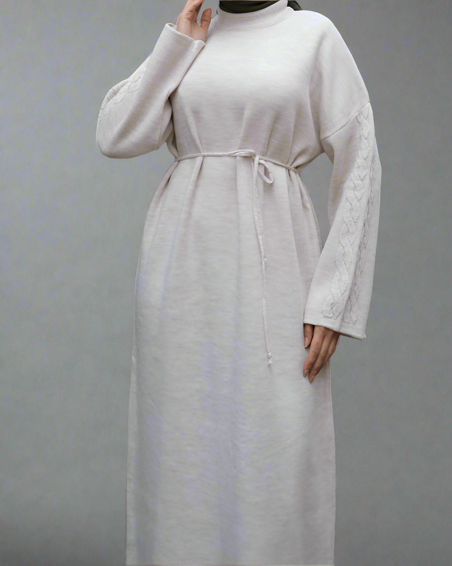 Knit Dress with Braided Sleeve Detail-White