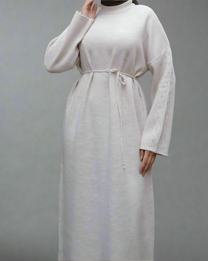 Knit Dress with Braided Sleeve Detail-White