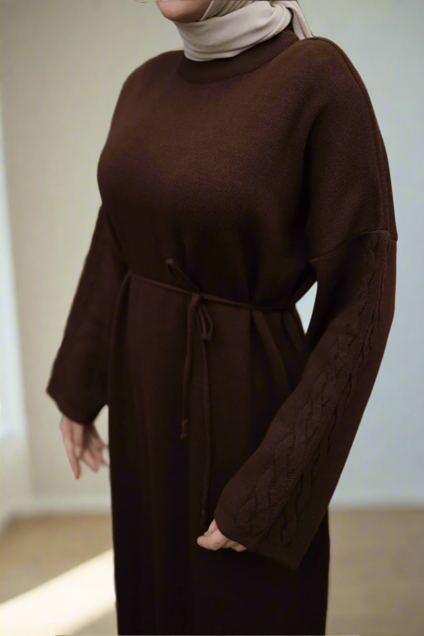 Knit Dress with Braided Sleeve Detail-Brown