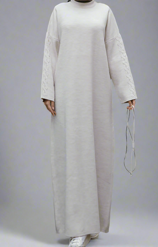 Knit Dress with Braided Sleeve Detail-White