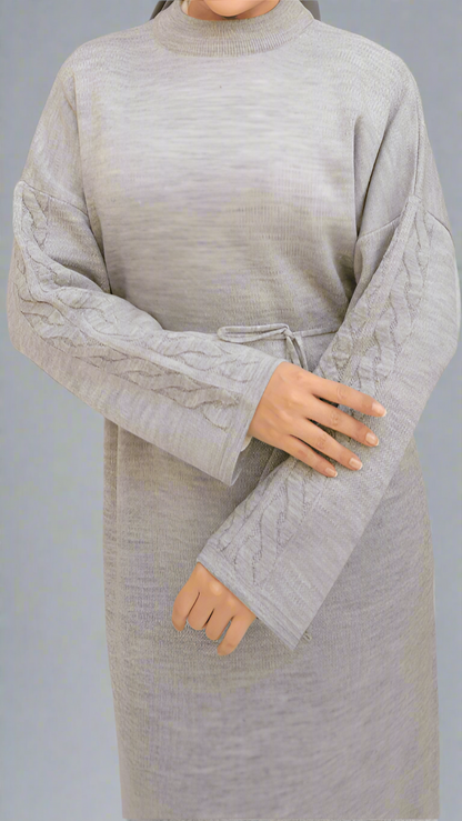 Knit Dress with Braided Sleeve Detail-Gray