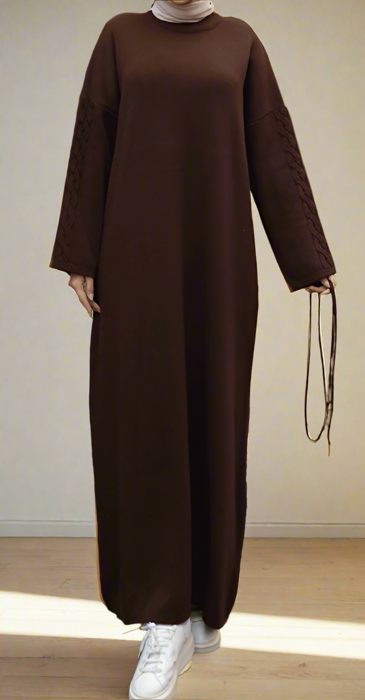 Knit Dress with Braided Sleeve Detail-Brown