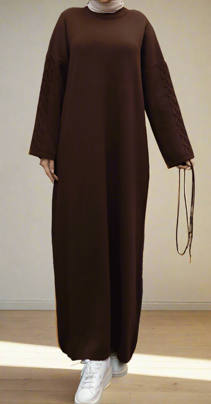 Knit Dress with Braided Sleeve Detail-Brown
