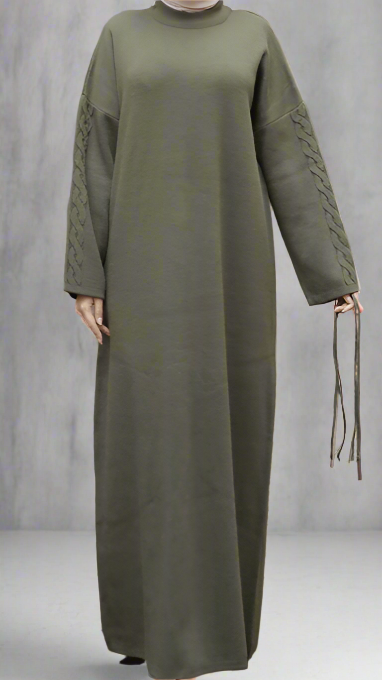 Knit Dress with Braided Sleeve Detail-Green