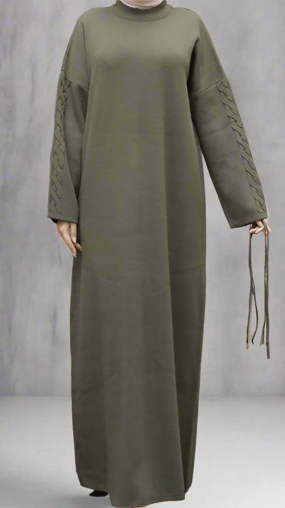 Knit Dress with Braided Sleeve Detail-Green