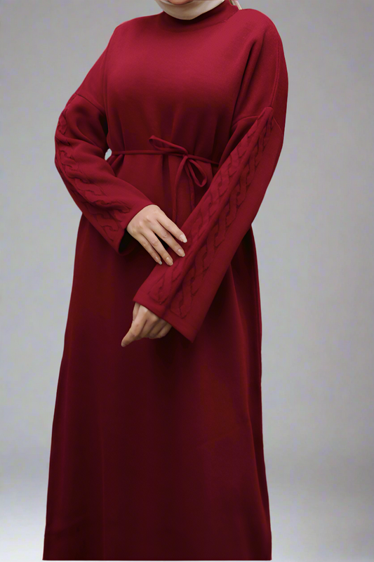 Knit Dress with Braided Sleeve Detail-Red