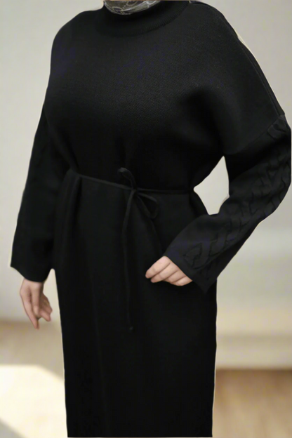 Knit Dress with Braided Sleeve Detail-Black