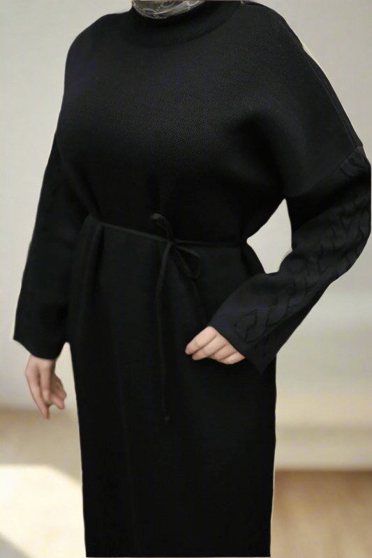 Knit Dress with Braided Sleeve Detail-Black